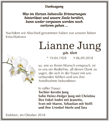 Traueranzeige von Lianne Jung von Wochenspiegel Mansfelder Land