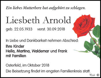 Traueranzeige von Liesbeth Arnold von Mitteldeutsche Zeitung Zeitz