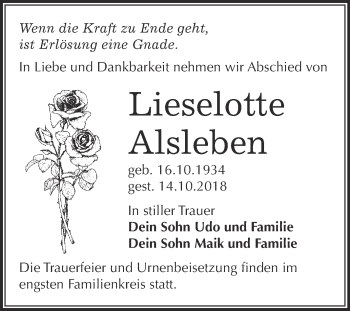 Traueranzeige von Lieselotte Alsleben von WVG - Wochenspiegel Wittenberg