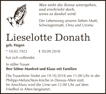 Traueranzeige von Lieselotte Donath von WVG - Wochenspiegel Dessau / Köthen