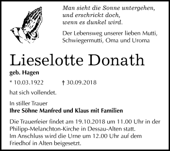 Traueranzeige von Lieselotte Donath von Mitteldeutsche Zeitung Dessau-Roßlau