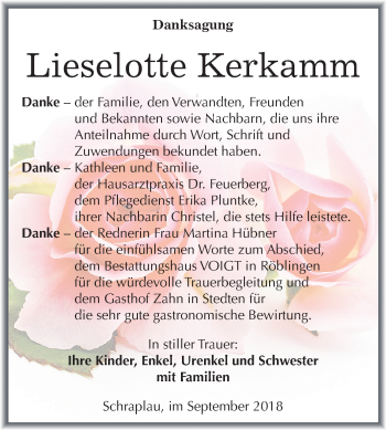 Traueranzeige von Lieselotte Kerkamm von Mitteldeutsche Zeitung Merseburg/Querfurt