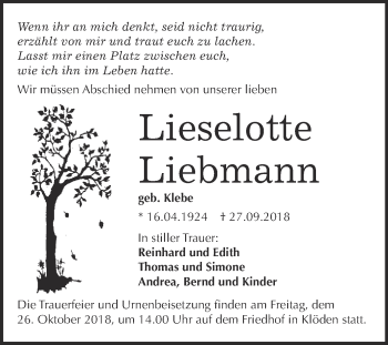 Traueranzeige von Lieselotte Liebmann von WVG - Wochenspiegel Wittenberg