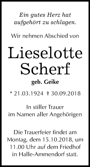 Traueranzeige von Lieselotte Scherf von Mitteldeutsche Zeitung Halle/Saalkreis