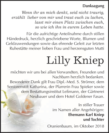 Traueranzeige von Lilly Kniep von WVG - Wochenspiegel Wittenberg