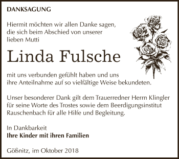 Traueranzeige von Linda Fulsche von WVG - Wochenspiegel NMB / WSF / ZTZ