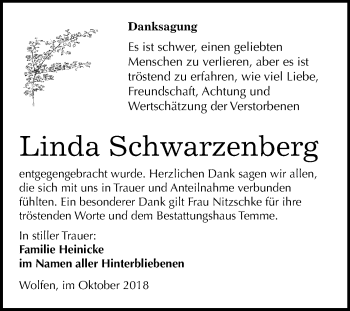 Traueranzeige von Linda Schwarzenberg von Mitteldeutsche Zeitung Bitterfeld