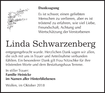Traueranzeige von Linda Schwarzenberg von WVG - Wochenspiegel Bitterfeld