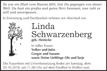 Traueranzeige von Linda Schwarzenberg von WVG - Wochenspiegel Bitterfeld