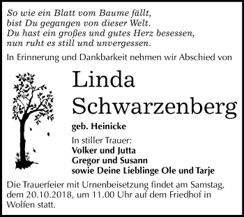 Traueranzeige von Linda Schwarzenberg von Mitteldeutsche Zeitung Bitterfeld