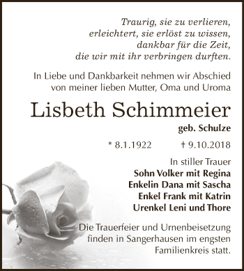 Traueranzeige von Lisbeth Schimmeier von Super Sonntag SGH Mansf. Land