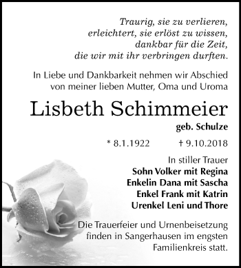 Traueranzeige von Lisbeth Schimmeier von Mitteldeutsche Zeitung