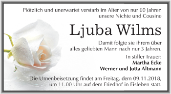 Traueranzeige von Ljuba Wilms von Mitteldeutsche Zeitung