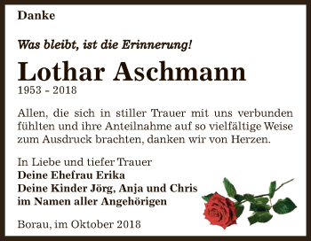 Traueranzeige von Lothar Aschmann von WVG - Wochenspiegel NMB / WSF / ZTZ