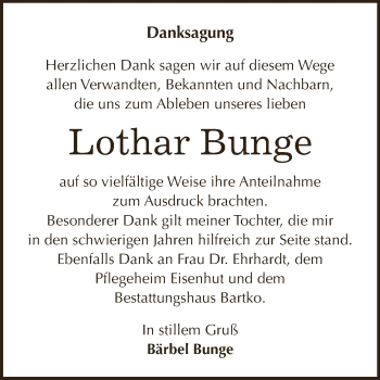 Traueranzeige von Lothar Bunge von WVG - Wochenspiegel Dessau / Köthen