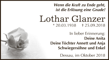 Traueranzeige von Lothar Glanzer von WVG - Wochenspiegel Dessau / Köthen