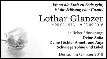 Traueranzeige von Lothar Glanzer von Mitteldeutsche Zeitung Dessau-Roßlau