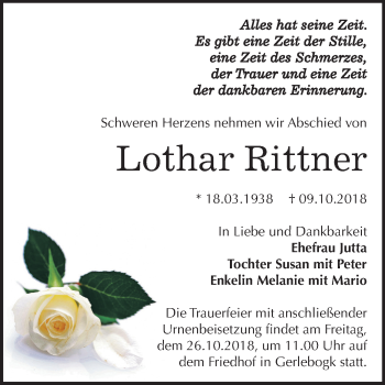 Traueranzeige von Lothar Rittner von Mitteldeutsche Zeitung Bernburg