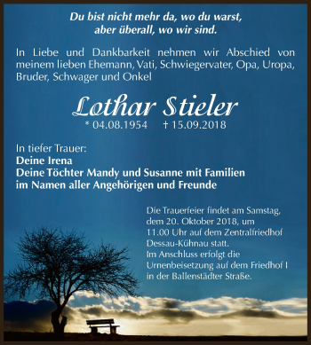 Traueranzeige von Lothar Stieler von WVG - Wochenspiegel Dessau / Köthen