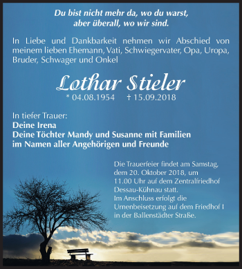 Traueranzeige von Lothar Stieler von Mitteldeutsche Zeitung Dessau-Roßlau