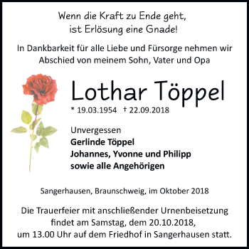 Traueranzeige von Lothar Töppel von Mitteldeutsche Zeitung Sangerhausen