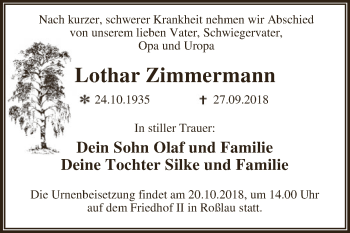 Traueranzeige von Lothar Zimmermann von WVG - Wochenspiegel Dessau / Köthen