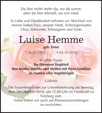 Traueranzeige von Luise Hemme von Mitteldeutsche Zeitung