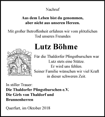 Traueranzeige von Lutz Böhme von WVG - Wochenspiegel Merseburg