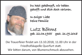 Traueranzeige von Lutz Böhme von WVG - Wochenspiegel Merseburg
