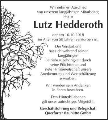 Traueranzeige von Lutz Hedderoth von WVG - Wochenspiegel Merseburg