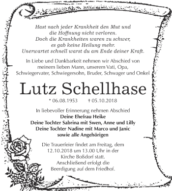 Traueranzeige von Lutz Schellhase von WVG - Wochenspiegel Wittenberg