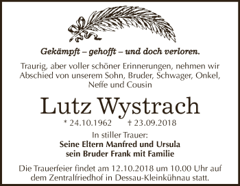Traueranzeige von Lutz Wystrach von WVG - Wochenspiegel Dessau / Köthen