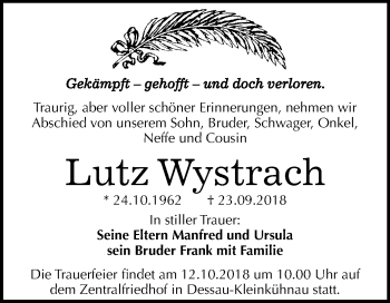 Traueranzeige von Lutz Wystrach von Mitteldeutsche Zeitung Dessau-Roßlau