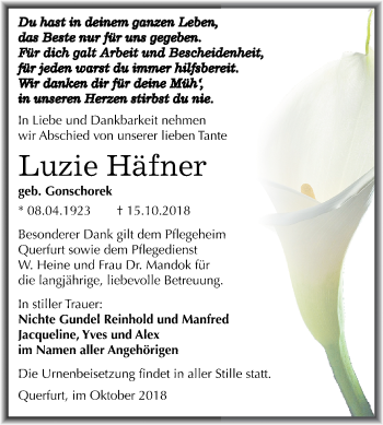 Traueranzeige von Luzie Häfner von Mitteldeutsche Zeitung Merseburg/Querfurt