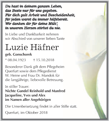 Traueranzeige von Luzie Häfner von WVG - Wochenspiegel Merseburg