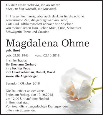 Traueranzeige von Magdalena Ohme von Mitteldeutsche Zeitung