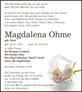 Traueranzeige von Magdalena Ohme von Wochenspiegel Mansfelder Land