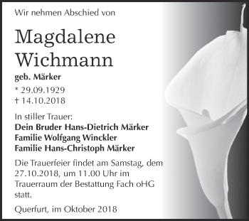Traueranzeige von Magdalene Wichmann von WVG - Wochenspiegel Merseburg