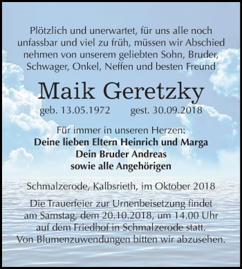 Traueranzeige von Maik Geretzky von Mitteldeutsche Zeitung