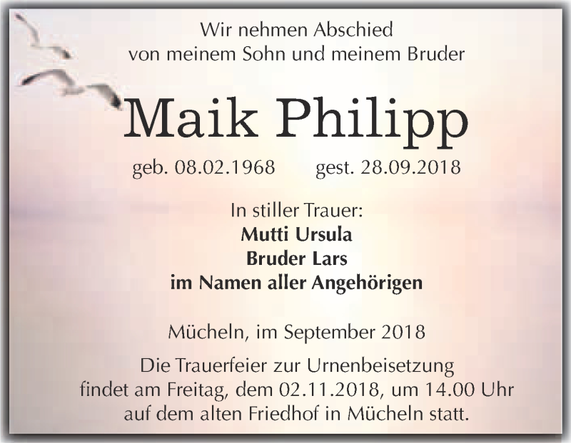  Traueranzeige für Maik Philipp vom 27.10.2018 aus WVG - Wochenspiegel Merseburg