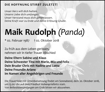 Traueranzeige von Maik Rudolph von Mitteldeutsche Zeitung