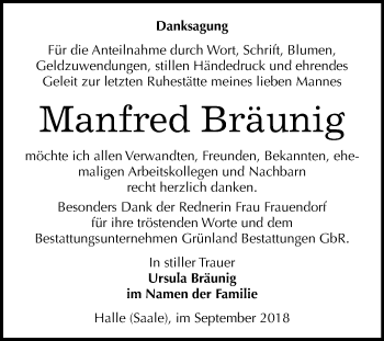 Traueranzeige von Manfred Bräunig von Mitteldeutsche Zeitung Halle/Saalkreis