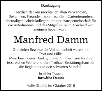 Traueranzeige von Manfred Damm von Mitteldeutsche Zeitung Halle/Saalkreis
