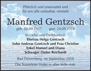 Traueranzeige von Manfred Gentzsch von Mitteldeutsche Zeitung Merseburg/Querfurt