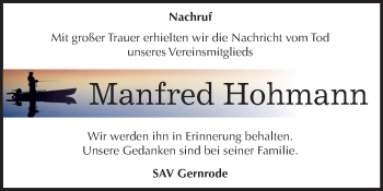 Traueranzeige von Manfred Hohmann von Mitteldeutsche Zeitung Quedlinburg