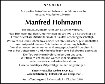 Traueranzeige von Manfred Hohmann von Mitteldeutsche Zeitung Quedlinburg