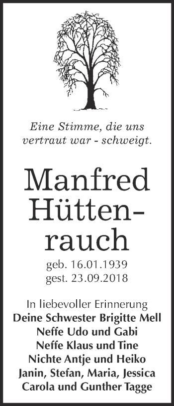 Traueranzeige von Manfred Hüttenrauch von Super Sonntag Wittenberg