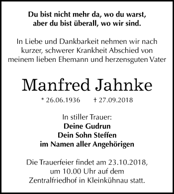 Traueranzeige von Manfred Jahnke von Mitteldeutsche Zeitung Dessau-Roßlau