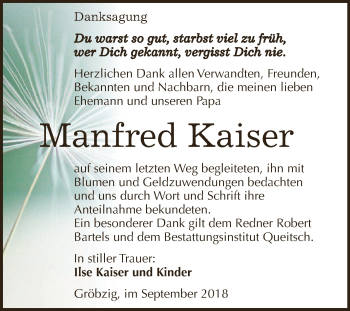 Traueranzeige von Manfred Kaiser von WVG - Wochenspiegel Dessau / Köthen