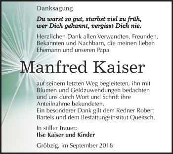 Traueranzeige von Manfred Kaiser von Mitteldeutsche Zeitung Köthen